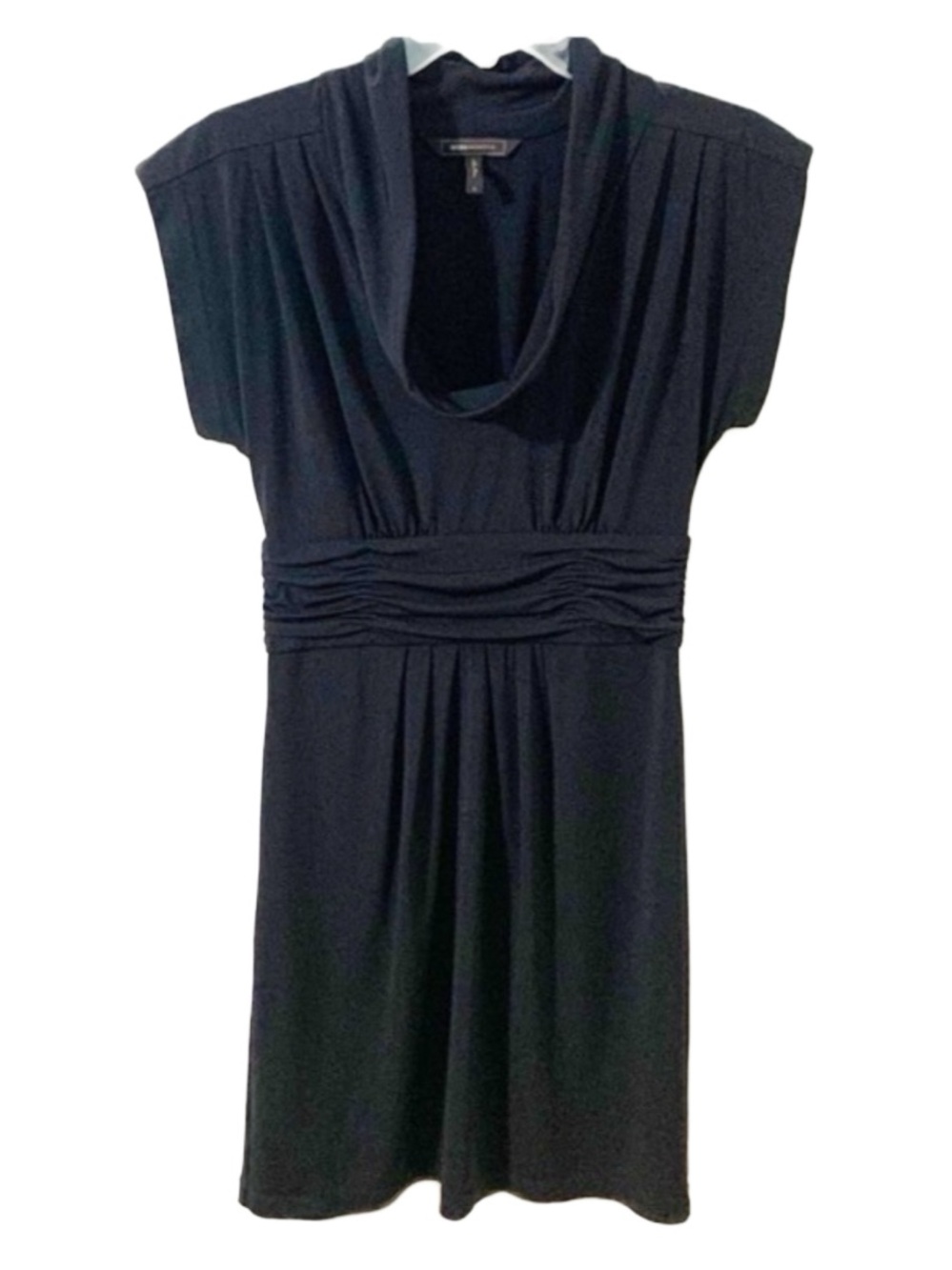 BCBGMaxAria Short Sleeve Cowl Neck Banded Waist Dress Draped Front Midi Length